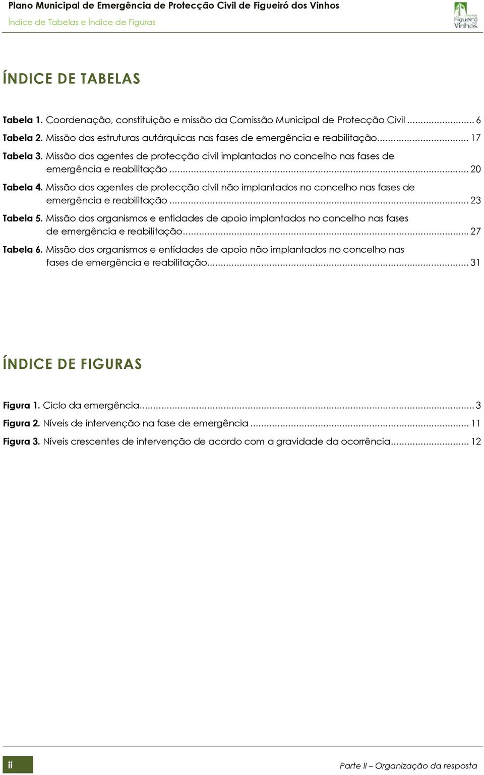 .. 20 Tabela 4. Missão dos agentes de protecção civil não implantados no concelho nas fases de emergência e reabilitação... 23 Tabela 5.