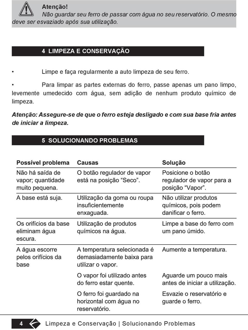 Para limpar as partes externas do ferro, passe apenas um pano limpo, levemente umedecido com água, sem adição de nenhum produto