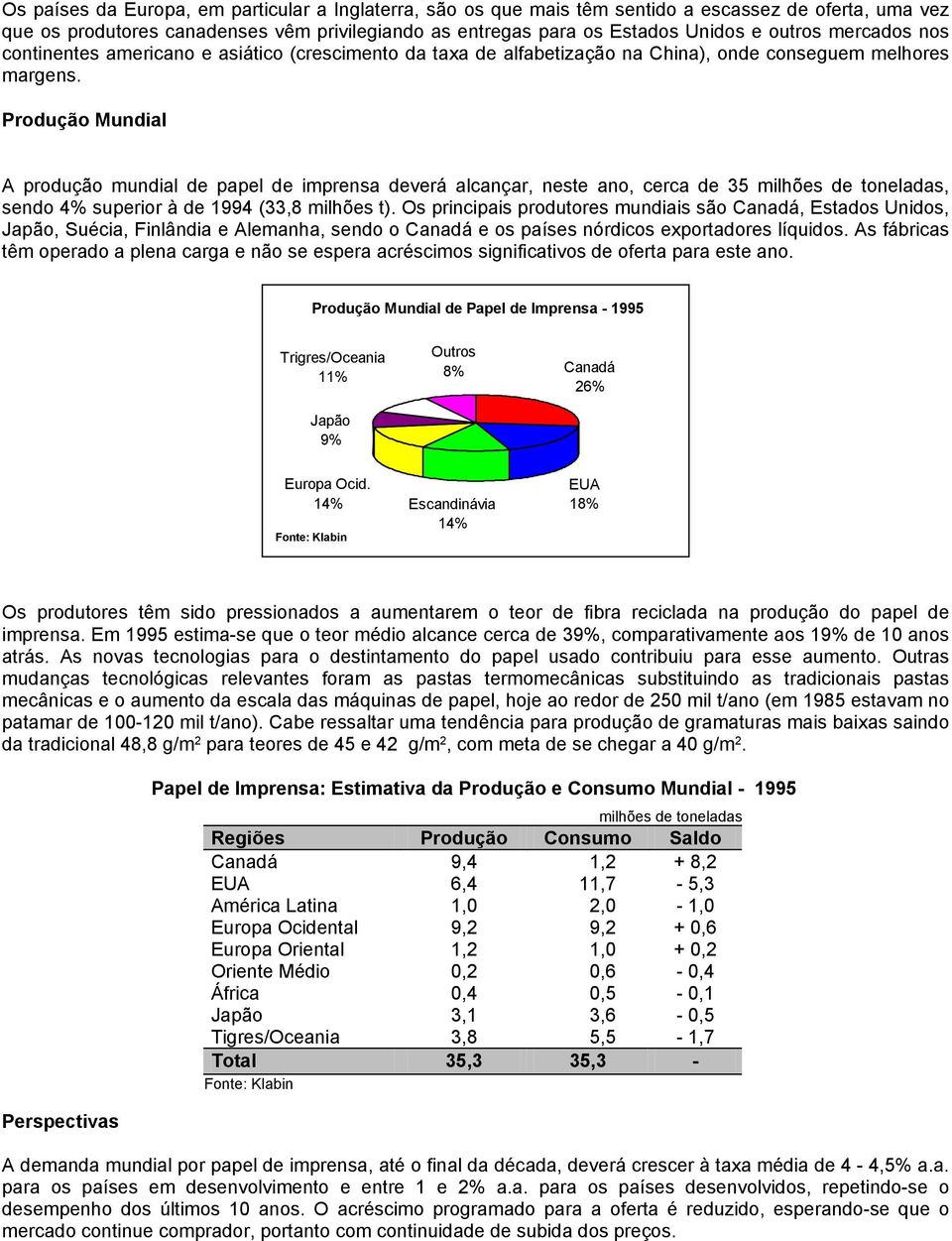 Produção Mundial A produção mundial de papel de imprensa deverá alcançar, neste ano, cerca de 35 milhões de toneladas, sendo 4% superior à de 1994 (33,8 milhões t).