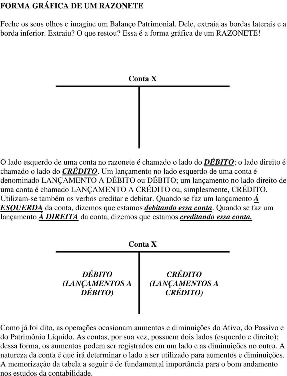 Um lançamento no lado esquerdo de uma conta é denominado LANÇAMENTO A DÉBITO ou DÉBITO; um lançamento no lado direito de uma conta é chamado LANÇAMENTO A CRÉDITO ou, simplesmente, CRÉDITO.