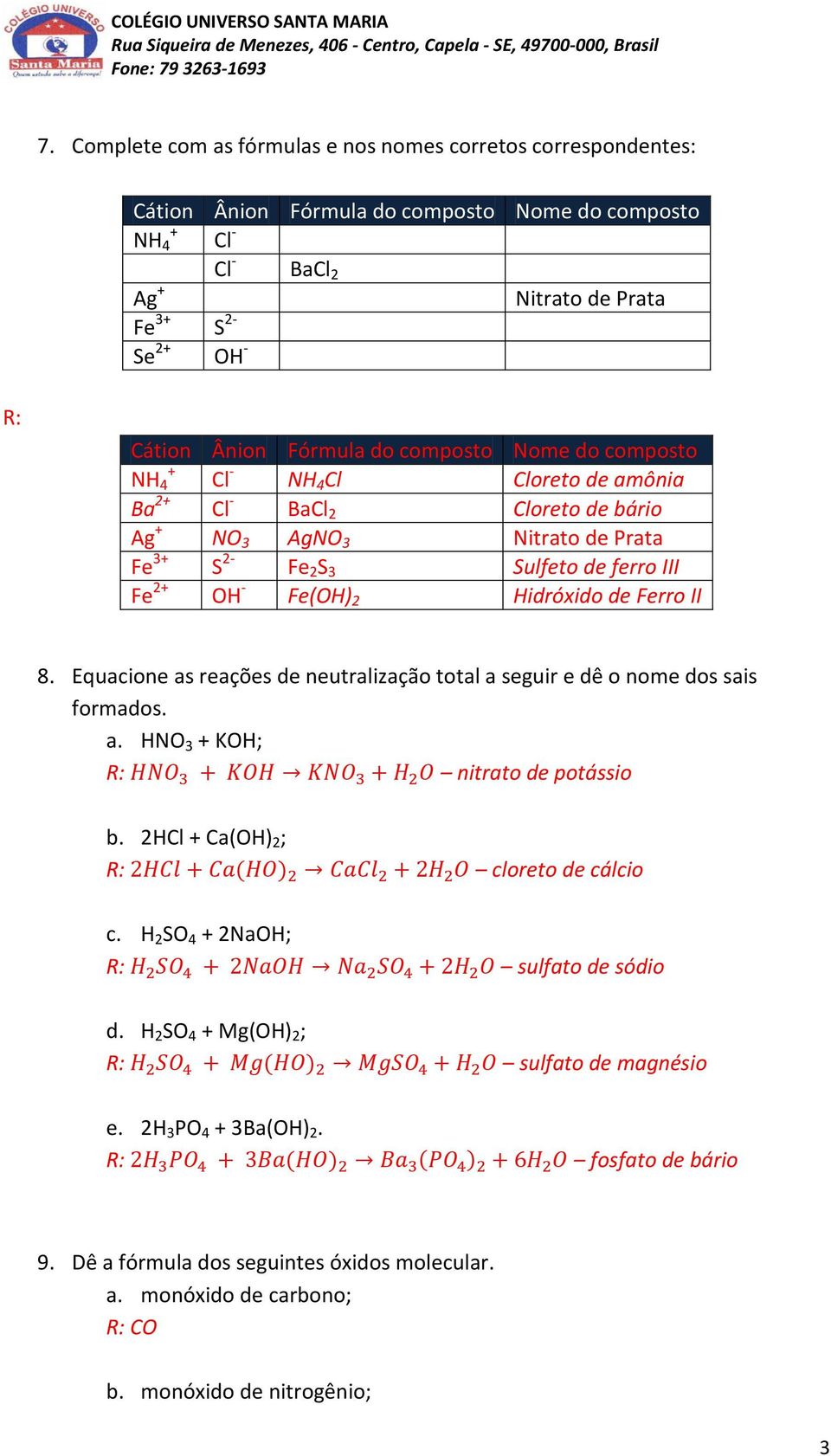 do composto Nome do composto + NH 4 Cl NH 4 Cl Cloreto de amônia Ba 2+ Cl BaCl 2 Cloreto de bário Ag + NO 3 AgNO 3 Nitrato de Prata Fe 3+ S 2 Fe 2 S 3 Sulfeto de ferro III Fe 2+ OH Fe(OH) 2 Hidróxido