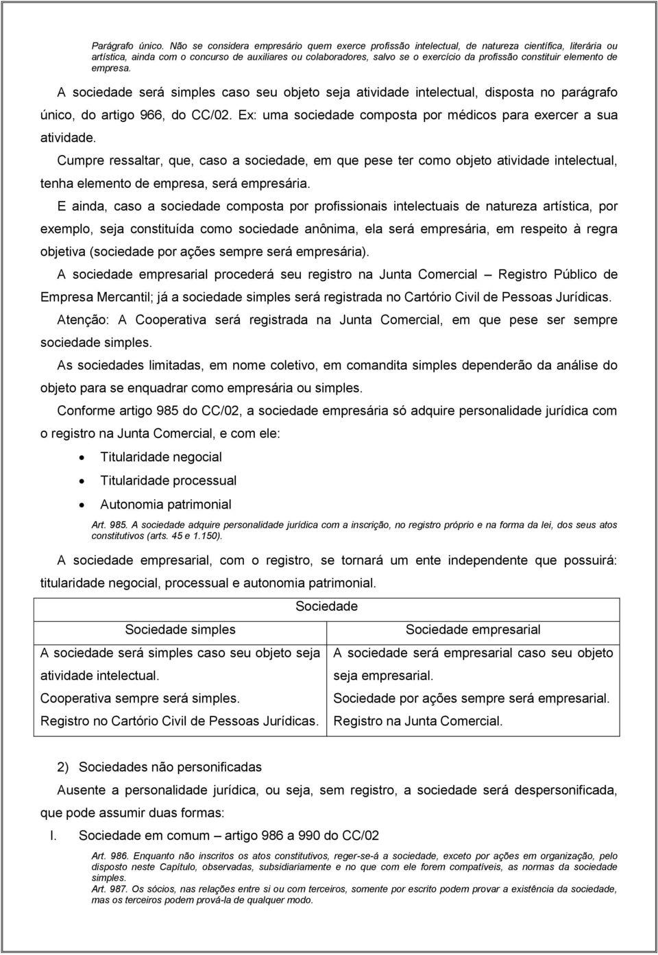 constituir elemento de empresa. A sociedade será simples caso seu objeto seja atividade intelectual, disposta no parágrafo único, do artigo 966, do CC/02.