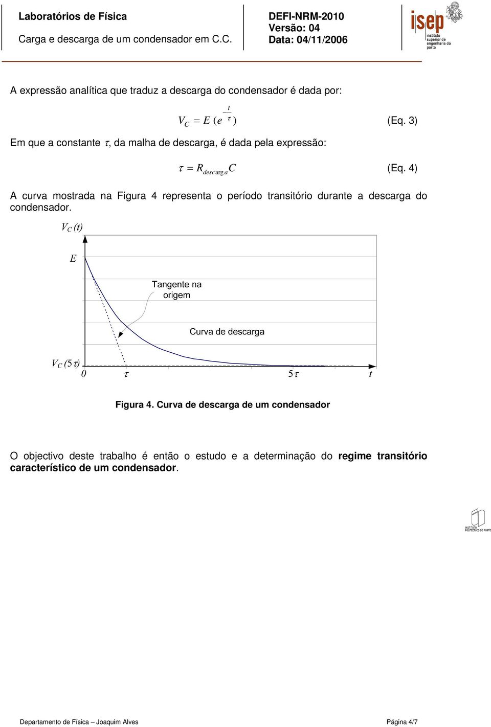 4) descarg A curva mostrada na Figura 4 representa o período transitório durante a descarga do condensador.