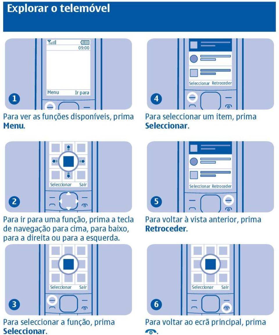 Seleccionar Sair Para ir para uma função, prima a tecla de navegação para cima, para baixo, para a direita