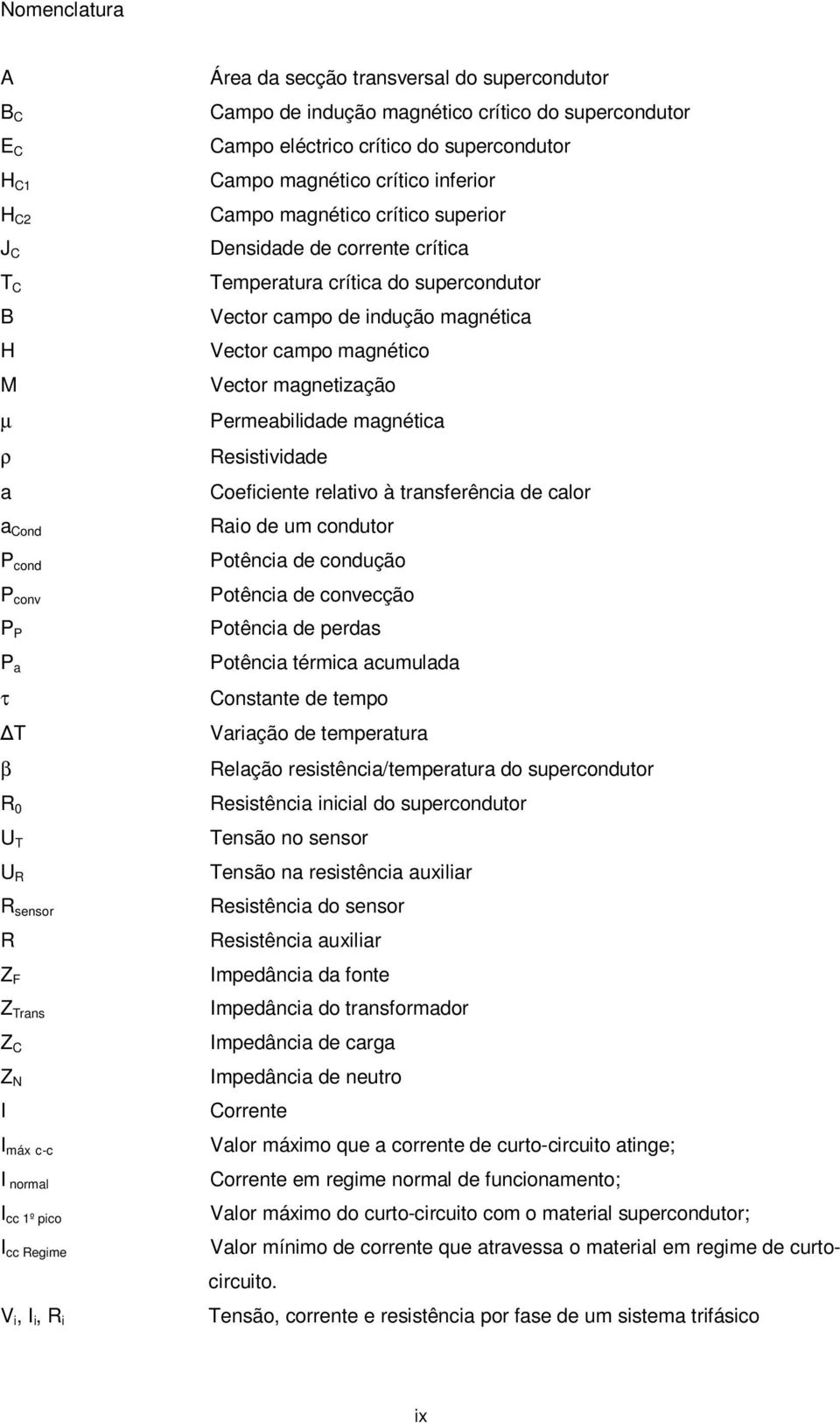 Permeabilidade magnética ρ Resistividade a Coeficiente relativo à transferência de calor a Cond P cond P conv P P P a τ T β R 0 U T U R R sensor R Z F Z Trans Z C Z N I I máx c-c I normal I cc 1º