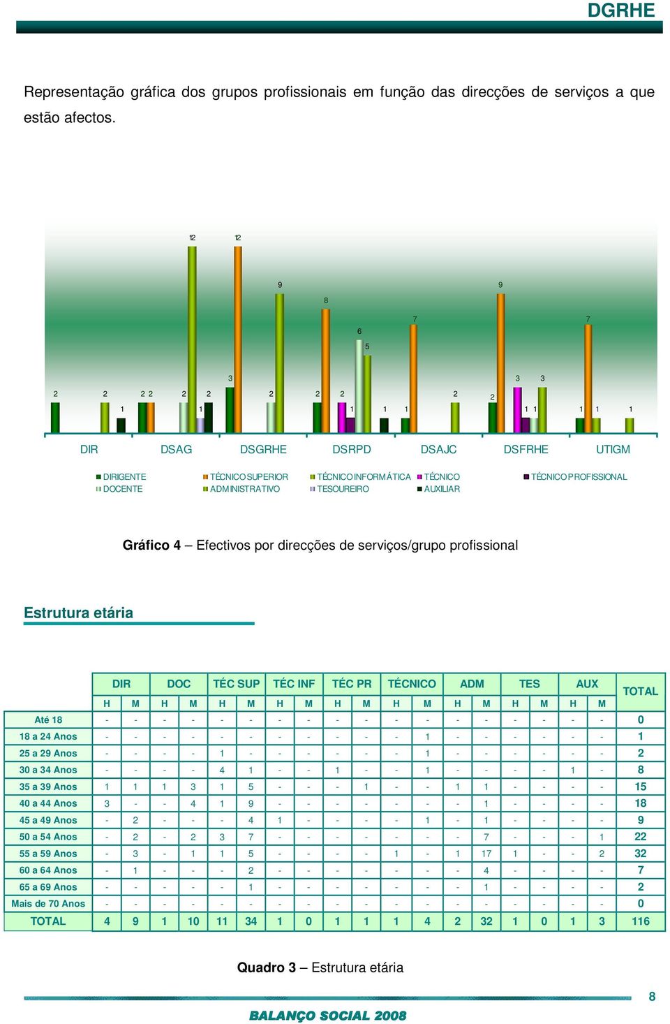 ADMINISTRATIVO TESOUREIRO AUXILIAR Gráfico 4 Efectivos por direcções de serviços/grupo profissional Estrutura etária DIR DOC TÉC SUP TÉC INF TÉC PR TÉCNICO ADM TES AUX TOTAL H M H M H M H M H M H M H