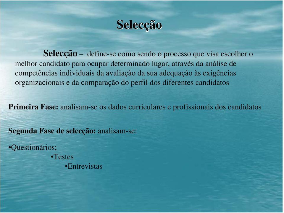 exigências organizacionais e da comparação do perfil dos diferentes candidatos Primeira Fase: analisam-se