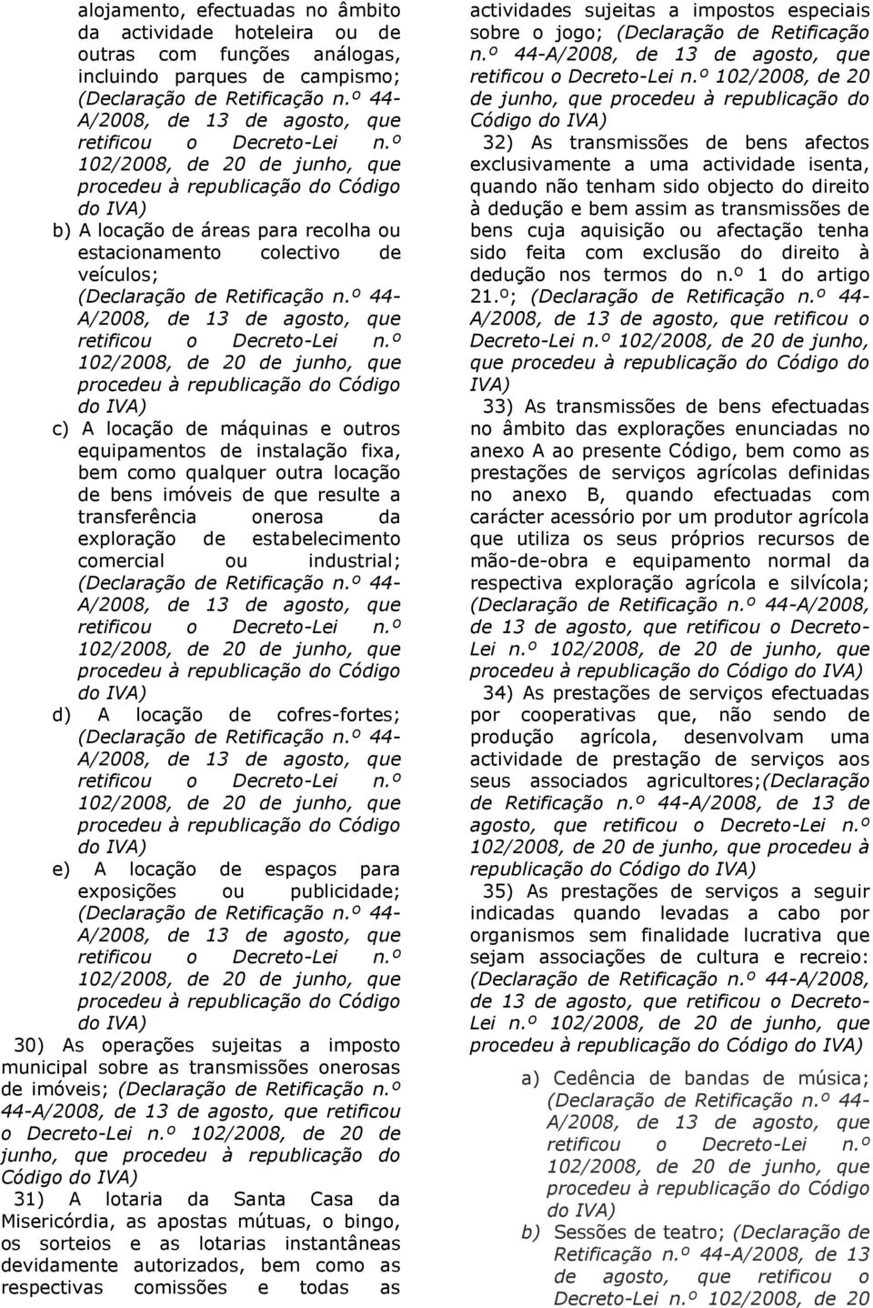 º 102/2008, de 20 de junho, que procedeu à republicação do Código do IVA) b) A locação de áreas para recolha ou estacionamento colectivo de veículos; (Declaração de Retificação n.