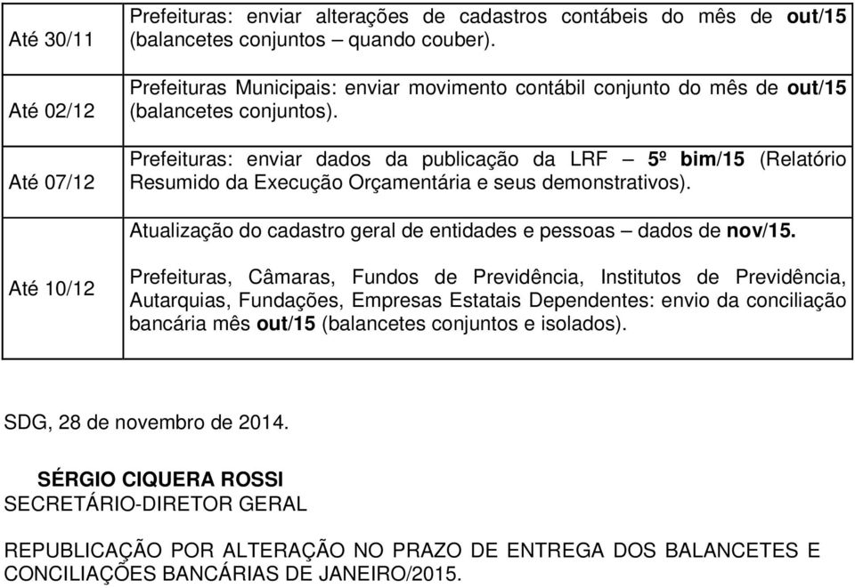 demonstrativos). Atualização do cadastro geral de entidades e pessoas dados de nov/15. Até 10/12 bancária mês out/15 (balancetes conjuntos e isolados).