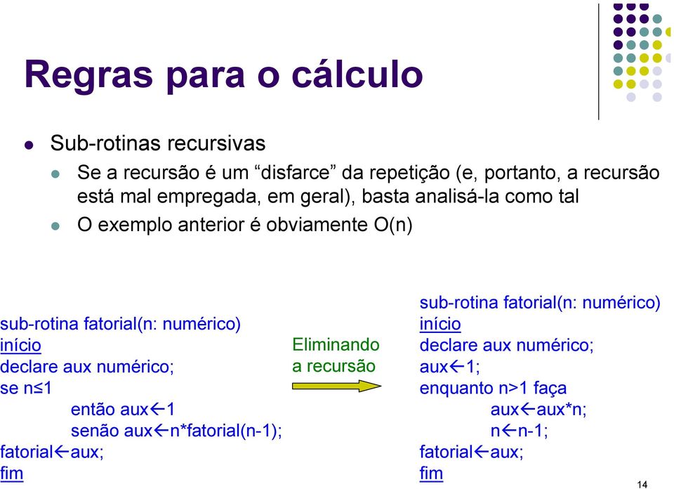 numérico) nício eclare aux numérico; e n 1 então aux 1 senão aux n*fatorial(n-1); atorial aux; im Eliminando a