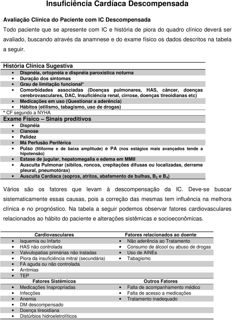 História Clínica Sugestiva Dispnéia, ortopnéia e dispnéia paroxística noturna Duração dos sintomas Grau de limitação funcional* Comorbidades associadas (Doenças pulmonares, HAS, câncer, doenças