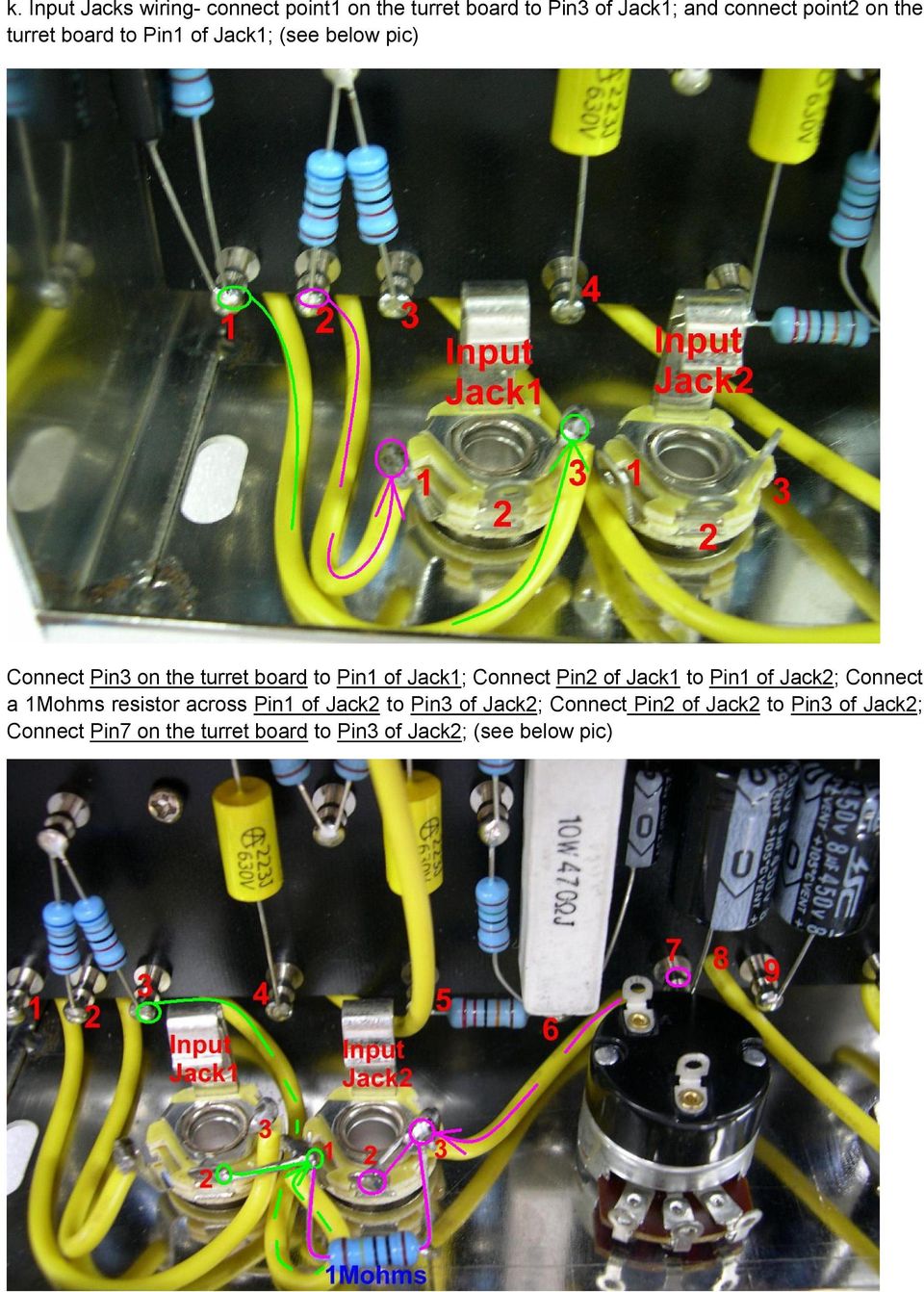 Connect Pin2 of Jack1 to Pin1 of Jack2; Connect a 1Mohms resistor across Pin1 of Jack2 to Pin3 of