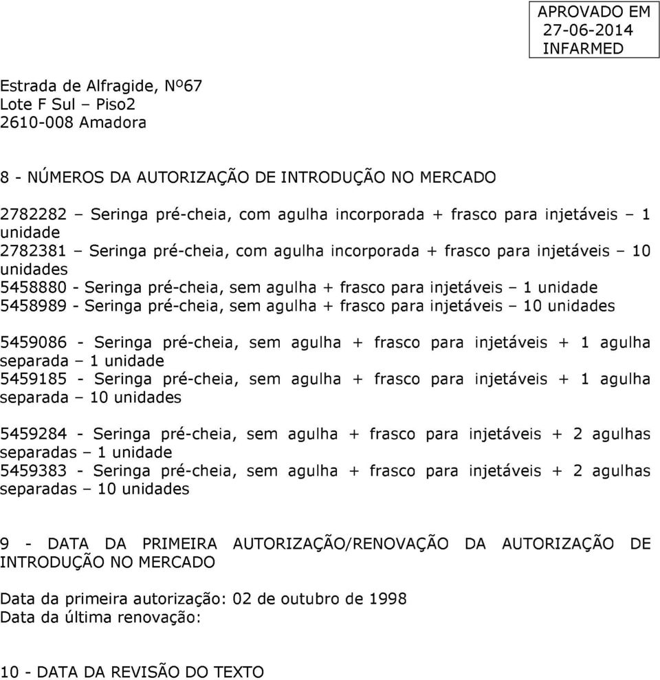 agulha + frasco para injetáveis 10 unidades 5459086 - Seringa pré-cheia, sem agulha + frasco para injetáveis + 1 agulha separada 1 unidade 5459185 - Seringa pré-cheia, sem agulha + frasco para