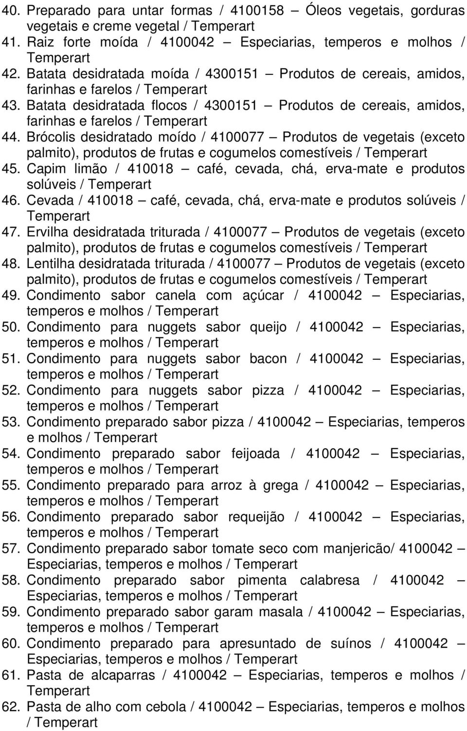 Brócolis desidratado moído / 4100077 Produtos de vegetais (exceto palmito), produtos de frutas e cogumelos comestíveis / 45. Capim limão / 410018 café, cevada, chá, erva-mate e produtos solúveis / 46.