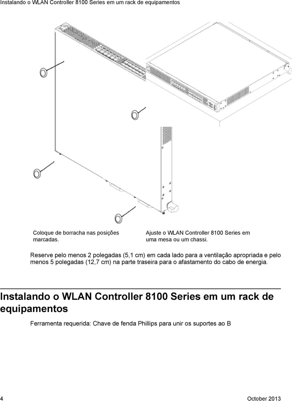 Reserve pelo menos 2 polegadas (5,1 cm) em cada lado para a ventilação apropriada e pelo menos 5 polegadas (12,7 cm) na parte