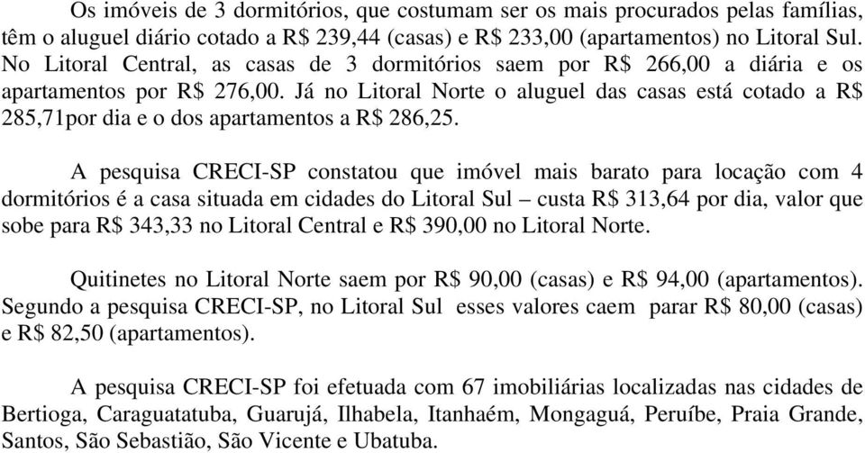 Já no Litoral Norte o aluguel das casas está cotado a R$ 285,71por dia e o dos apartamentos a R$ 286,25.