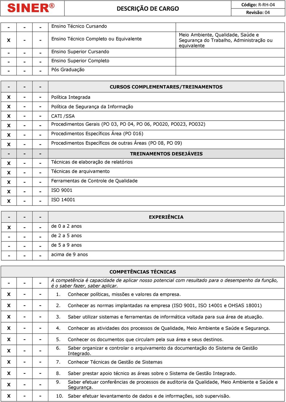 PO023, PO032) Procedimentos Específicos Área (PO 016) Procedimentos Específicos de outras Áreas (PO 08, PO 09) - - - TREINAMENTOS DESEJÁVEIS Técnicas de elaboração de relatórios Técnicas de