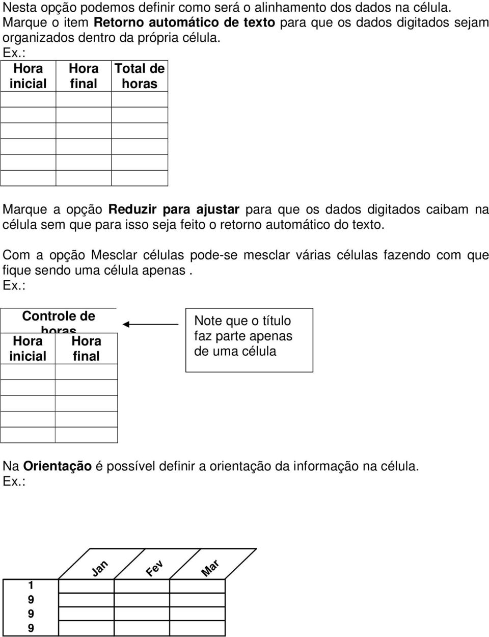 : Hora inicial Hora final Total de horas Marque a opção Reduzir para ajustar para que os dados digitados caibam na célula sem que para isso seja feito o retorno