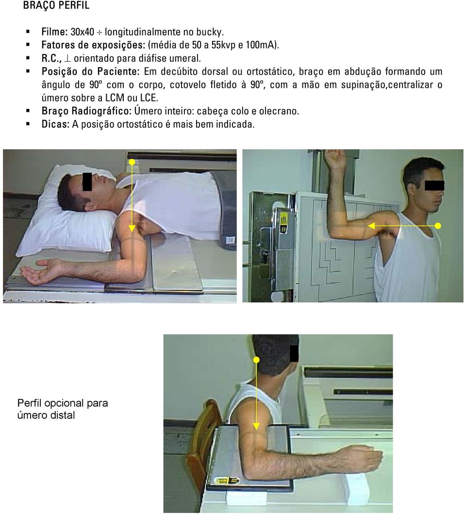 Posição do Paciente: Em decúbito dorsal ou ortostático, braço em abdução formando um ângulo de 90º com o corpo, cotovelo