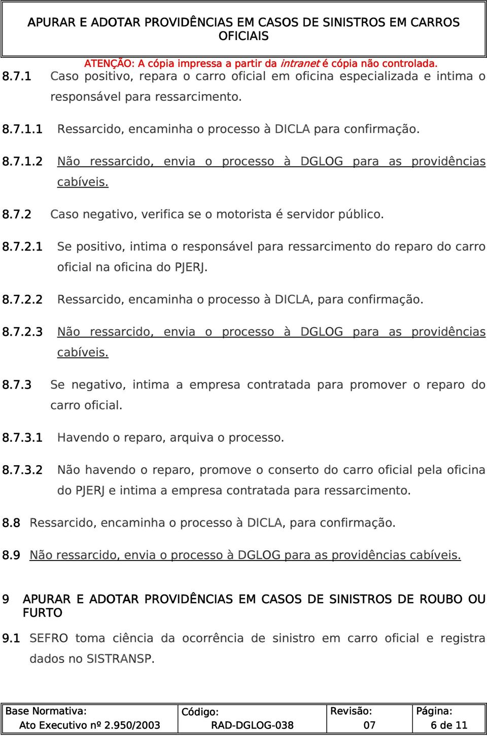 8.7.2.3 Não ressarcido, envia o processo à DGLOG para as providências cabíveis. 8.7.3 Se negativo, intima a empresa contratada para promover o reparo do carro oficial. 8.7.3.1 Havendo o reparo, arquiva o processo.