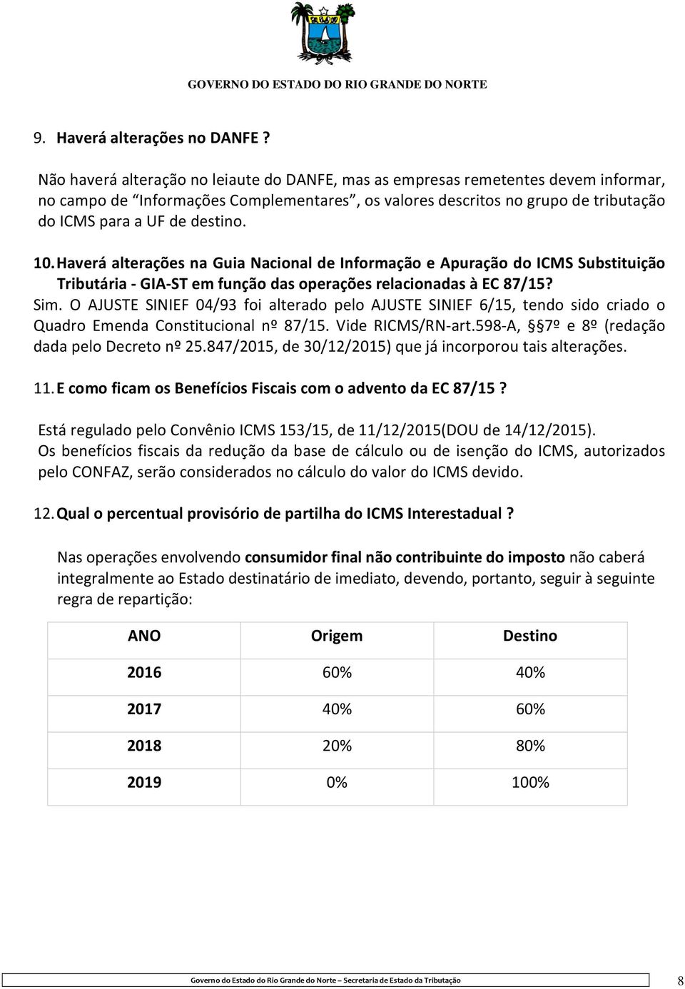 10. Haverá alterações na Guia Nacional de Informação e Apuração do ICMS Substituição Tributária - GIA-ST em função das operações relacionadas à EC 87/15? Sim.