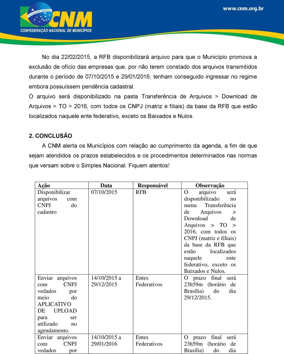 O arquivo será disponibilizado na pasta Transferência de Arquivos > Download de Arquivos > TO > 2016, com todos os CNPJ (matriz e filiais) da base da RFB que estão localizados naquele ente