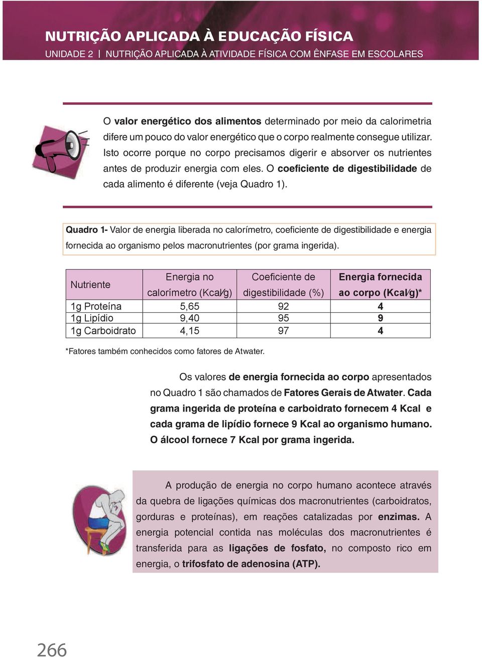 Quadro 1- Valor de energia liberada no calorímetro, coeficiente de digestibilidade e energia fornecida ao organismo pelos macronutrientes (por grama ingerida).