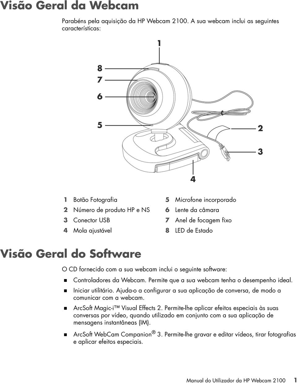 focagem fixo 8 LED de Estado Visão Geral do Software O CD fornecido com a sua webcam inclui o seguinte software: Controladores da Webcam. Permite que a sua webcam tenha o desempenho ideal.