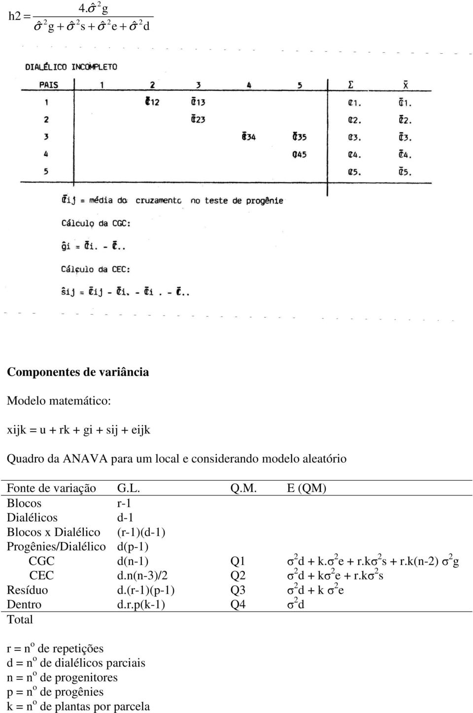 E (QM) Blocos Dialélicos Blocos x Dialélico Progênies/Dialélico CGC CEC Resíduo Dentro r-1 d-1 (r-1)(d-1) d(p-1) d(n-1) d.n(n-3)/ d.
