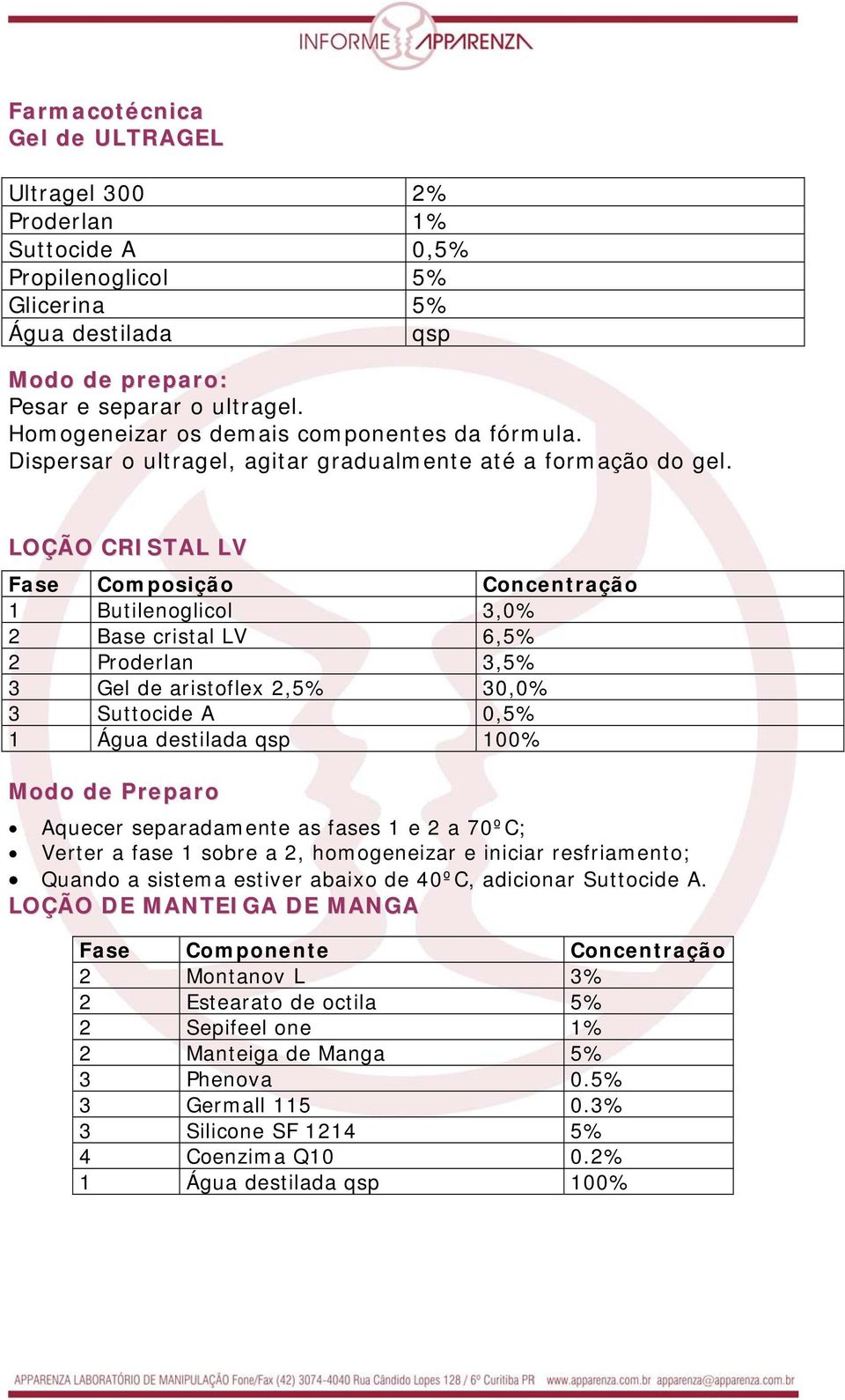 LOÇÃO CRISTAL LV Fase Composição Concentração 1 Butilenoglicol 3,0% 2 Base cristal LV 6,5% 2 Proderlan 3,5% 3 Gel de aristoflex 2,5% 30,0% 3 Suttocide A 0,5% 1 Água destilada qsp 100% Modo de Preparo