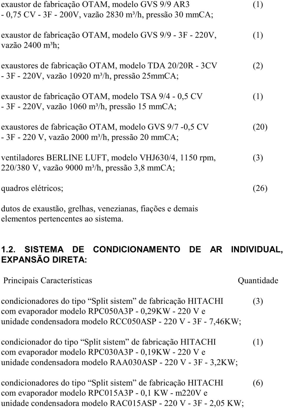 exaustores de fabricação OTAM, modelo GVS 9/7-0,5 CV (20) - 3F - 220 V, vazão 2000 m³/h, pressão 20 mmca; ventiladores BERLINE LUFT, modelo VHJ630/4, 1150 rpm, (3) 220/380 V, vazão 9000 m³/h, pressão