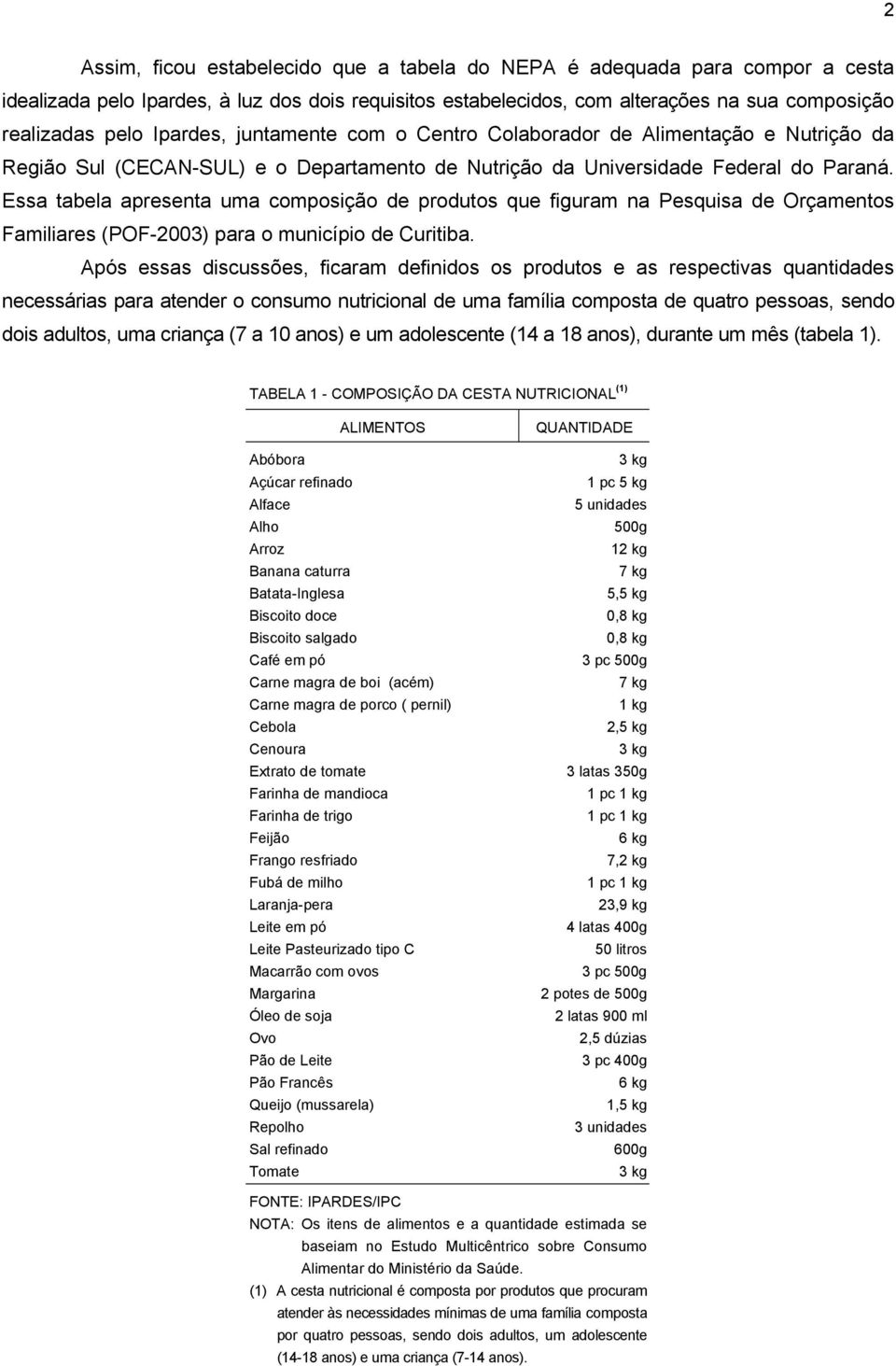 Essa tabela apresenta uma composição de produtos que figuram na Pesquisa de Orçamentos Familiares (POF-2003) para o município de Curitiba.