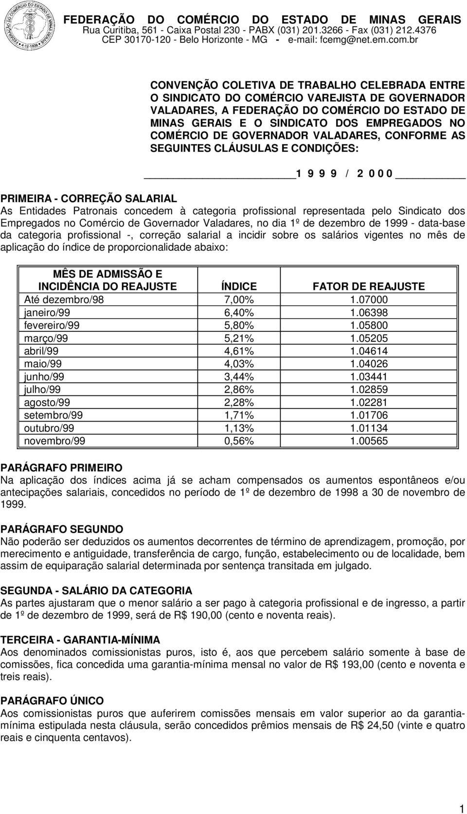 dos Empregados no Comércio de Governador Valadares, no dia 1º de dezembro de 1999 - data-base da categoria profissional -, correção salarial a incidir sobre os salários vigentes no mês de aplicação