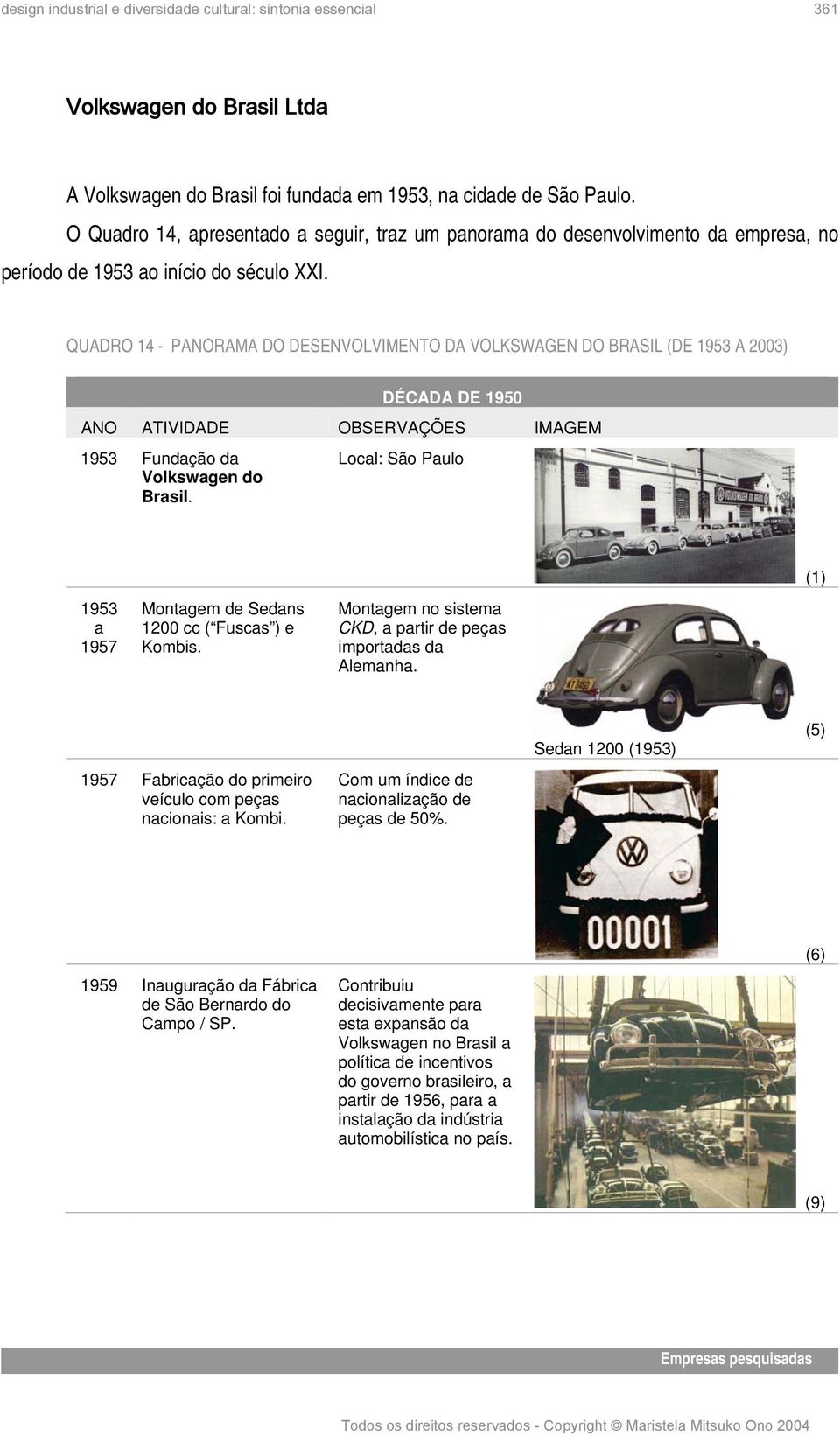 QUADRO 14 - PANORAMA DO DESENVOLVIMENTO DA VOLKSWAGEN DO BRASIL (DE 1953 A 2003) DÉCADA DE 1950 1953 Fundação da Volkswagen do Brasil.