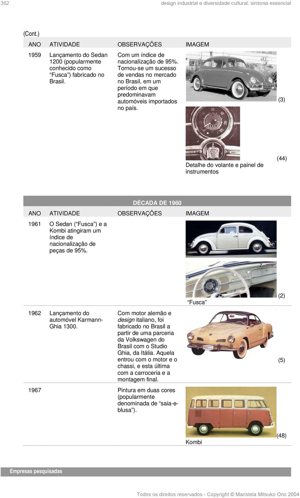 (3) Detalhe do volante e painel de instrumentos (44) DÉCADA DE 1960 1961 O Sedan ( Fusca ) e a Kombi atingiram um índice de nacionalização de peças de 95%.
