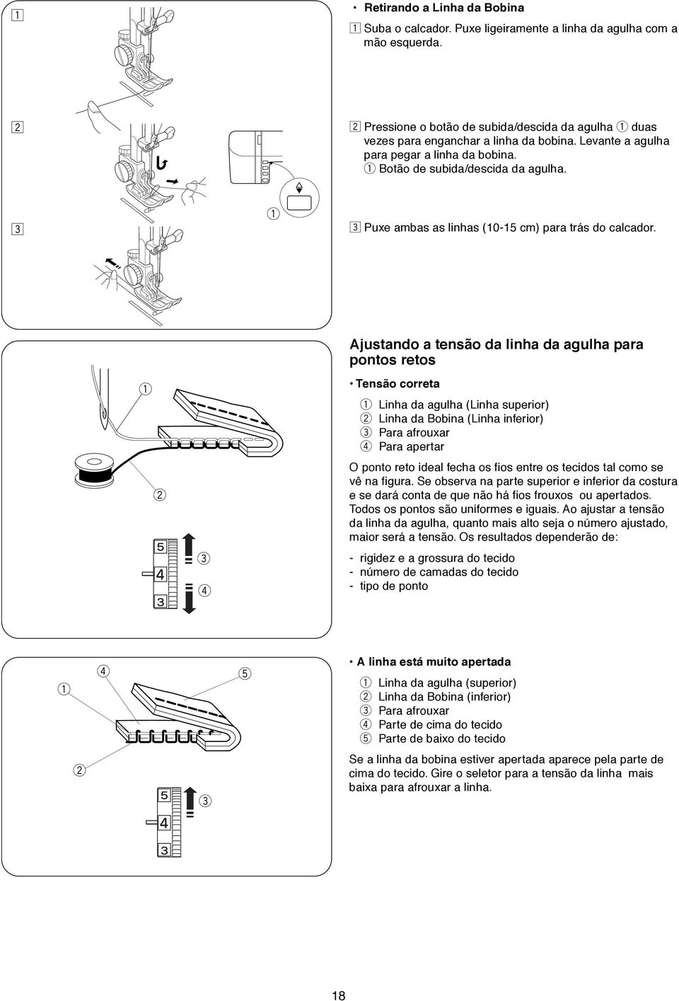 Ajustando a tnsão da linha da agulha paa pontos tos Tnsão cota Linha da agulha (Linha supio) Linha da Bobina (Linha infio) Paa afouxa Paa apta O ponto to idal fcha os fios nt os tcidos tal como s vê