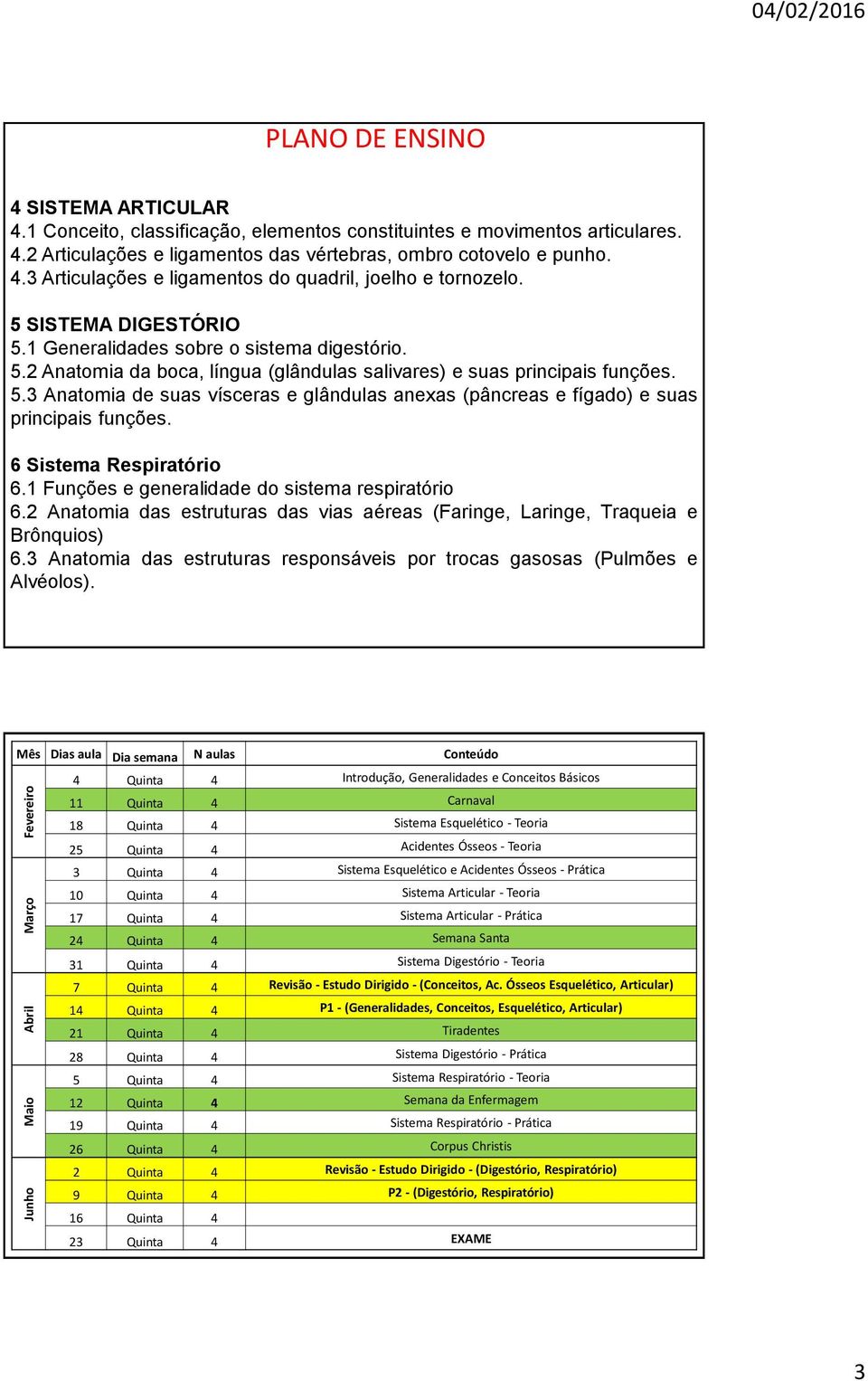 5.3 Anatomia de suas vísceras e glândulas anexas (pâncreas e fígado) e suas principais funções. 6 Sistema Respiratório 6.1 Funções e generalidade do sistema respiratório 6.