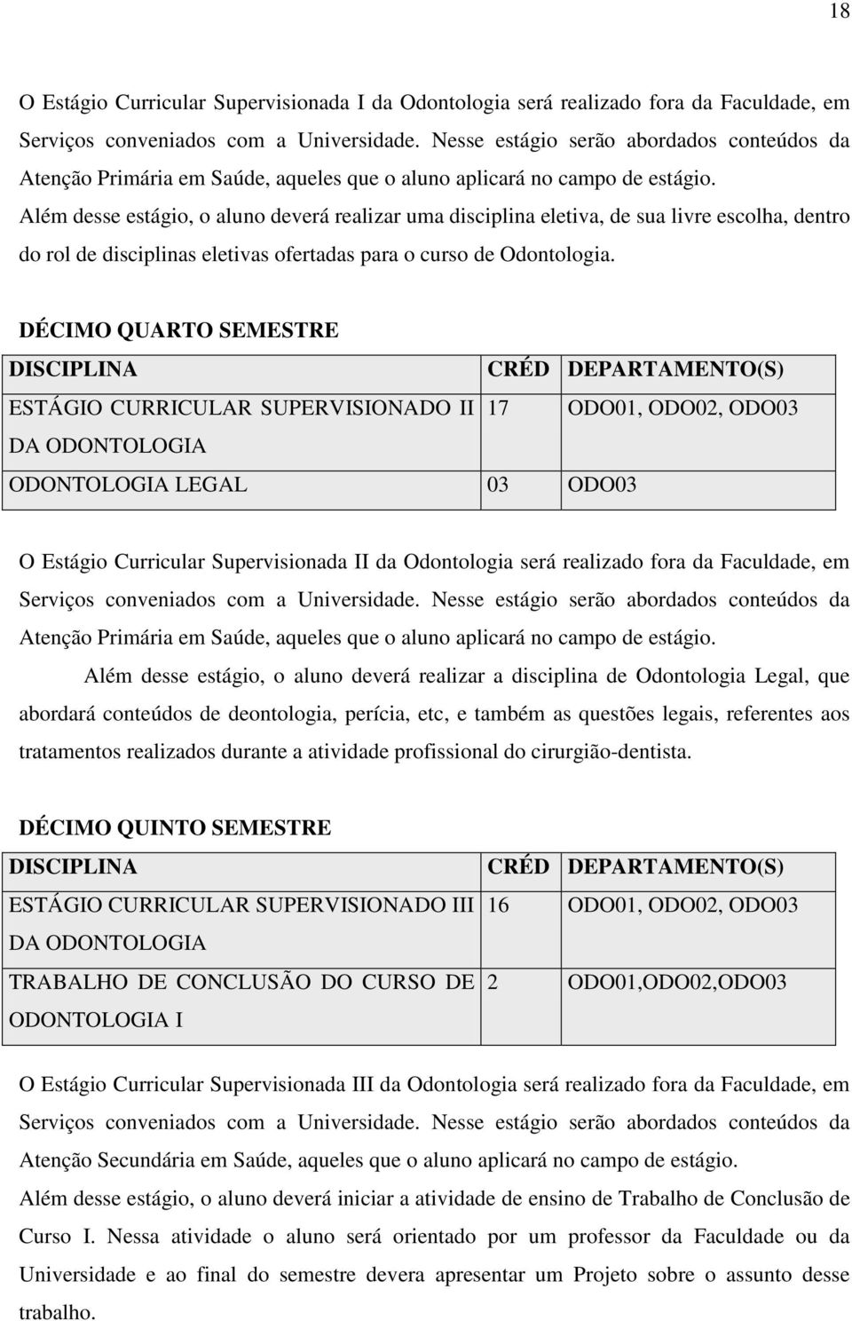 Além desse estágio, o aluno deverá realizar uma disciplina eletiva, de sua livre escolha, dentro do rol de disciplinas eletivas ofertadas para o curso de Odontologia.