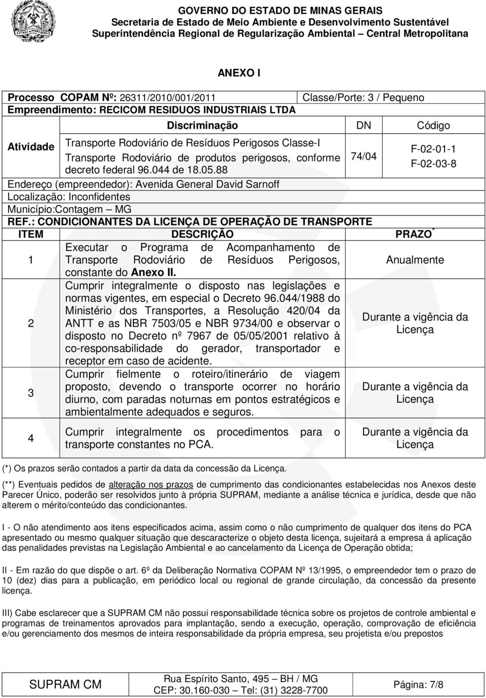 88 Endereço (empreendedor): Avenida General David Sarnoff Localização: Inconfidentes Município:Contagem MG REF.