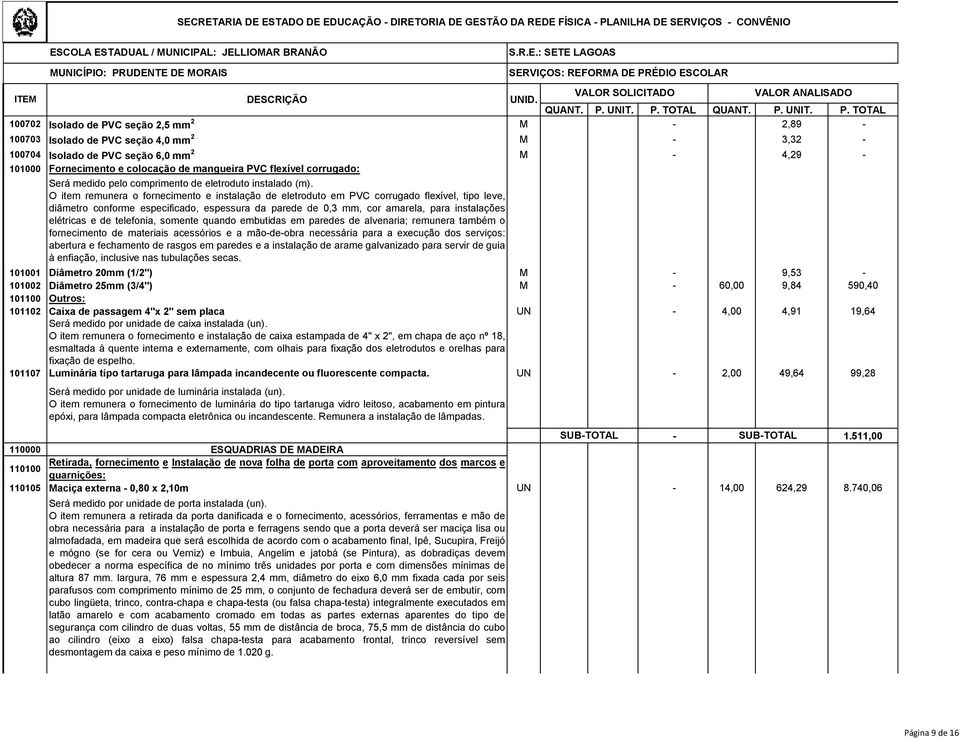 O item remunera o fornecimento e instalação de eletroduto em PVC corrugado flexível, tipo leve, diâmetro conforme especificado, espessura da parede de 0,3 mm, cor amarela, para instalações elétricas