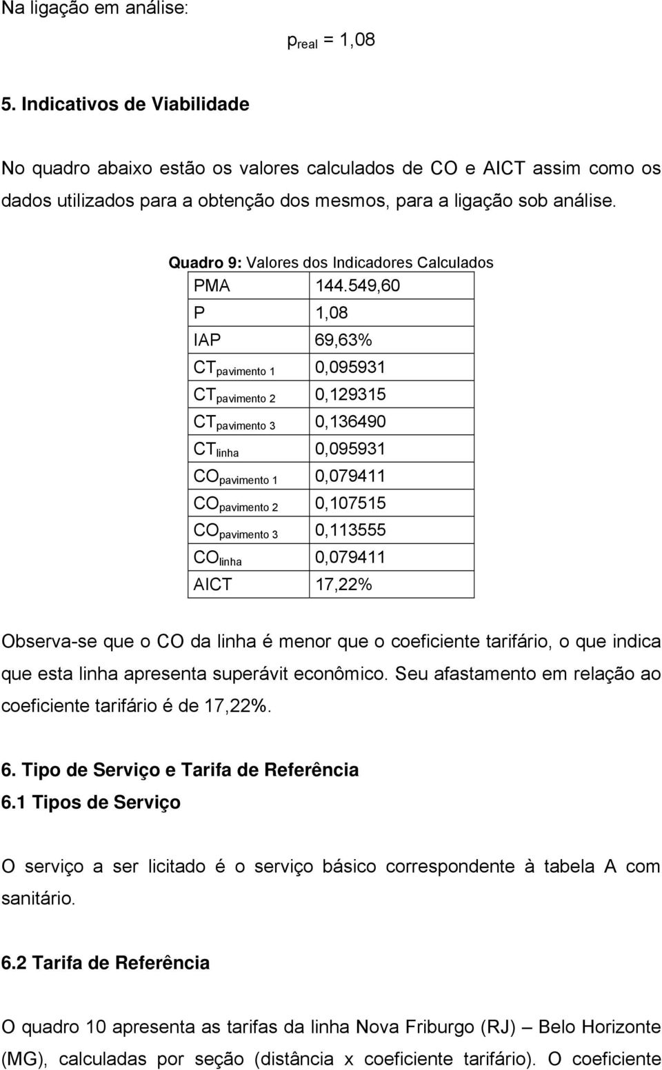 Quadro 9: Valores dos Indicadores Calculados PMA 144.