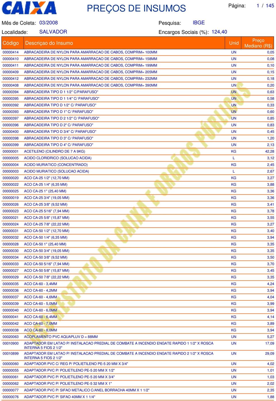 00000408 ABRACADEIRA DE NYLON PARA AMARRACAO DE CABOS, COMPRIM= 390MM UN 0,20 00000394 ABRACADEIRA TIPO D 1 12" CPARAFUSO" UN 0,63 00000395 ABRACADEIRA TIPO D 1 14" C PARAFUSO" UN 0,58 00000392