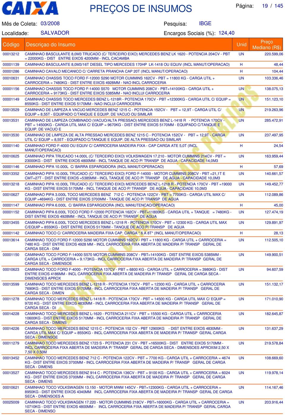 MECANICO C CARRETA PRANCHA CAP 20T (INCL MANUTOPERACAO) H 104,44 00010631 CAMINHAO CHASSIS TOCO FORD F-12000 S290 MOTOR CUMMINS 162CV - PBT = 11800 KG - CARGA UTIL + UN 103.