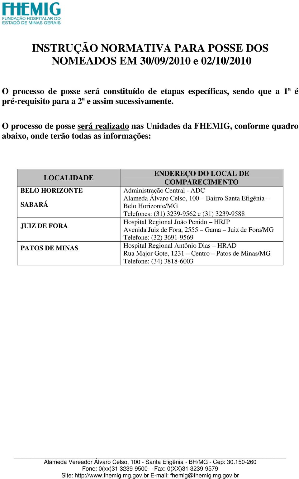 O processo de posse será realizado nas Unidades da FHEMIG, conforme quadro abaixo, onde terão todas as informações: LOCALIDADE BELO HORIZONTE SABARÁ JUIZ DE FORA PATOS DE MINAS ENDEREÇO DO