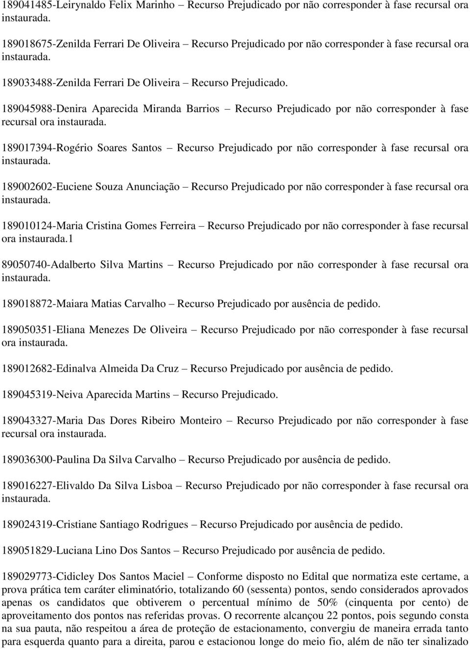 189045988-Denira Aparecida Miranda Barrios Recurso Prejudicado por não corresponder à fase recursal ora 189017394-Rogério Soares Santos Recurso Prejudicado por não corresponder à fase recursal ora