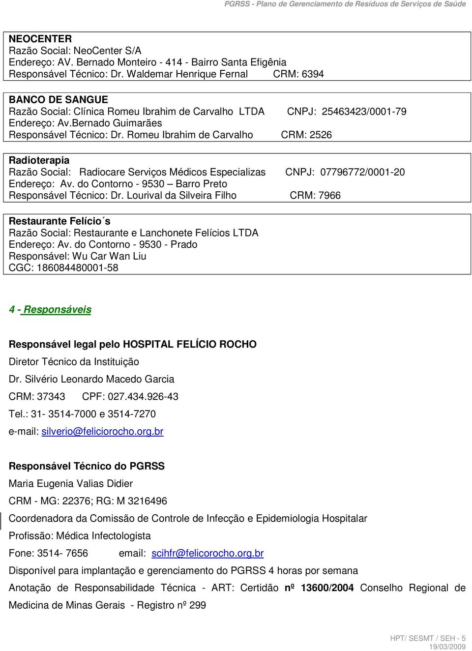 Romeu Ibrahim de Carvalho CRM: 2526 Radioterapia Razão Social: Radiocare Serviços Médicos Especializas CNPJ: 07796772/0001-20 Endereço: Av. do Contorno - 9530 Barro Preto Responsável Técnico: Dr.