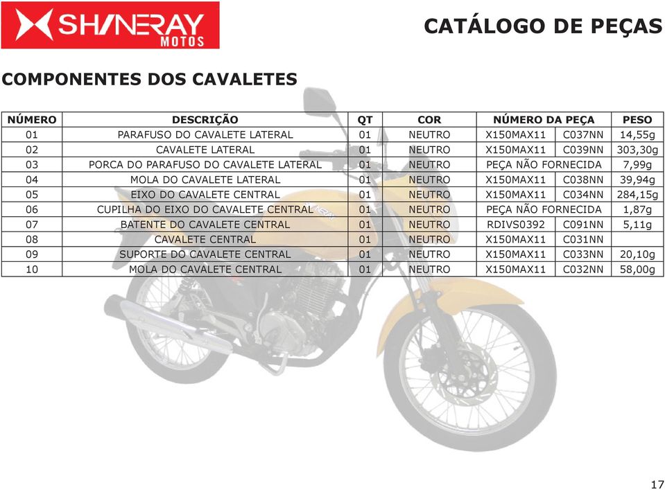 CENTRAL 01 NEUTRO X150MAX11 C034NN 284,15g 06 CUPILHA DO EIXO DO CAVALETE CENTRAL 01 NEUTRO PEÇA NÃO FORNECIDA 1,87g 07 BATENTE DO CAVALETE CENTRAL 01 NEUTRO RDIVS0392 C091NN