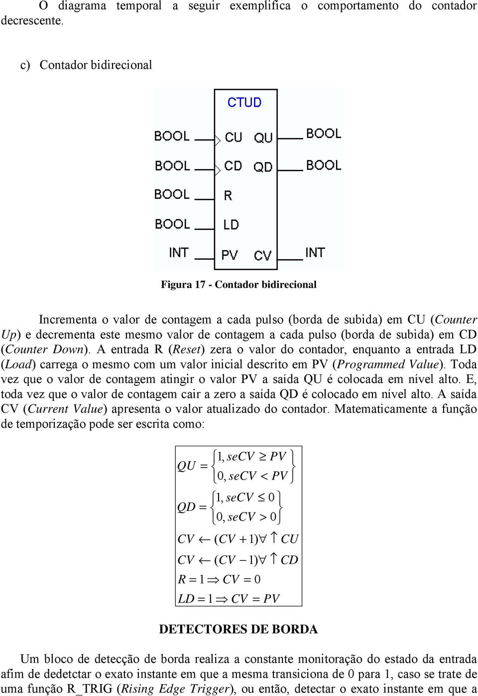 (borda de subida) em CD (Counter Down). A entrada R (Reset) zera o valor do contador, enquanto a entrada LD (Load) carrega o mesmo com um valor inicial descrito em PV (Programmed Value).