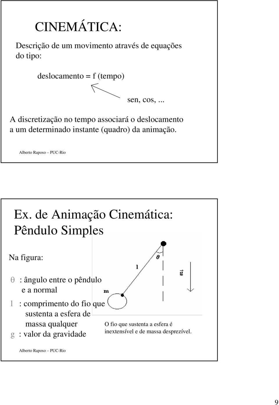 de Animação Cinemática: Pêndulo Simples Na figura: θ : ângulo entre o pêndulo e a normal l : comprimento do fio