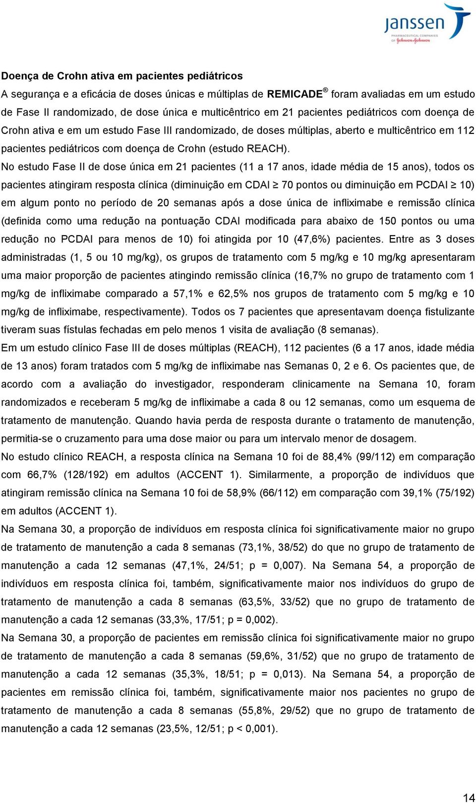 No estudo Fase II de dose única em 21 pacientes (11 a 17 anos, idade média de 15 anos), todos os pacientes atingiram resposta clínica (diminuição em CDAI 70 pontos ou diminuição em PCDAI 10) em algum